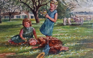 Ölgemälde Alfred FRITZSCHING Frühling Kinder Mädchen Schafe Wiese Natur Bio Landhaus Bild 4