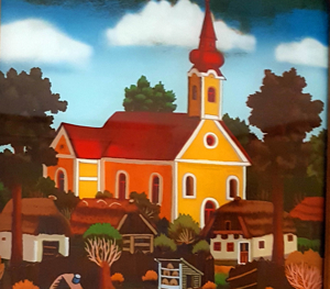 Hinterglasbild Gemälde Kuh Kirche Dorf Bauernhof signiert nummeriert Eiche Bild 3