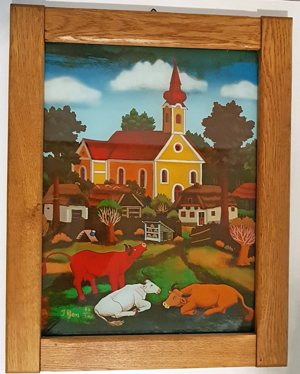 Hinterglasbild Gemälde Kuh Kirche Dorf Bauernhof signiert nummeriert Eiche Bild 5