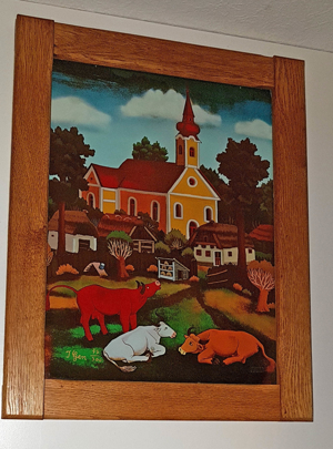 Hinterglasbild Gemälde Kuh Kirche Dorf Bauernhof signiert nummeriert Eiche Bild 1