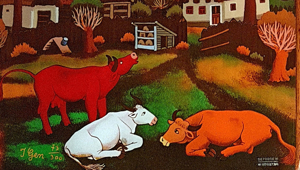Hinterglasbild Gemälde Kuh Kirche Dorf Bauernhof signiert nummeriert Eiche Bild 2