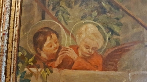 Heilige Familie Ölgemälde antik Maria Josef Jesus Kind Engel Mutter Gottes Bild 7