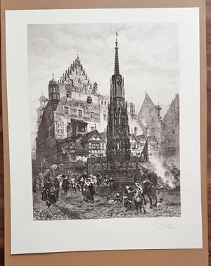 Lorenz Ritter SW Radierung Kupferstich Grafik Nürnberg Schöner Brunnen