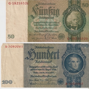 50 und 100 Reichsmark Reichsbanknote 1933 Bild 1