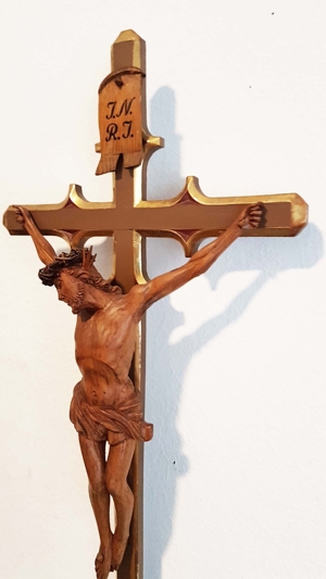 Kloster Standkruzifix neogotisch 1890 Kreuz Maria Dolorosa Holz Jesus Christus Altar Bild 11