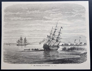 Die Mündung des Mississippi Holzstich um 1860 antik Segelschiff