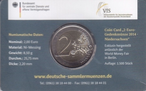 2 Euro Bundesland Niedersachsen - Original Coincard 2014 - Prägebuchtabe D Bild 2