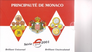 Monaco Kursmünzsatz 2001 brilliant uncirculiert im Original Folder 1 Cent - 2 Euro Bild 1