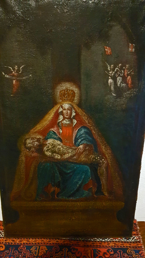 18Jh Ölgemälde Pietà Maria Jesus Christus Engel Kreuz Fahne Marien Krone Memento Mori Ex voto Bild 2