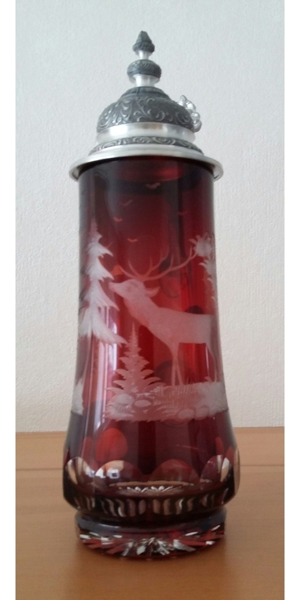 Bierseidel bleikristall rotem Überfang mit Zinndeckel Bild 2