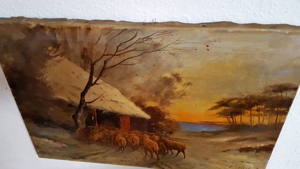 Uriges Ölgemälde Schafe Schnee Alm Hütte Hirte Impressionismus antik Herde Bild 4