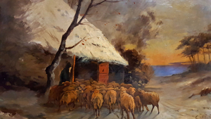 Uriges Ölgemälde Schafe Schnee Alm Hütte Hirte Impressionismus antik Herde Bild 6