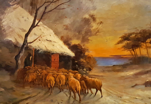Uriges Ölgemälde Schafe Schnee Alm Hütte Hirte Impressionismus antik Herde Bild 3