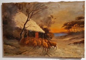 Uriges Ölgemälde Schafe Schnee Alm Hütte Hirte Impressionismus antik Herde Bild 2