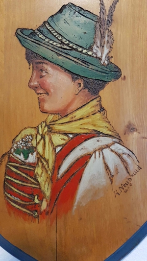 Bayern Tracht Holz Bild Schnitzerei Dirndl Trachtenhut Dekoration Kunst Handarbeit Bild 5