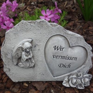Kleiner Grabstein mit Engelsfigur und Herz Wir vermissen Dich, Rosenblüten verziert Bild 2
