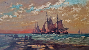 1903 Ölgemälde Fischer Segelschiff Meer Strand Tjalk Nordsee Abendrot Vintage Bild 7