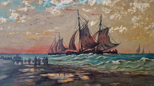 1903 Ölgemälde Fischer Segelschiff Meer Strand Tjalk Nordsee Abendrot Vintage Bild 9