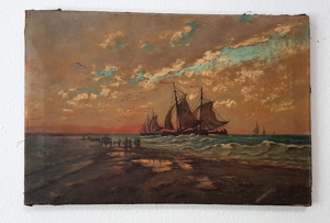 1903 Ölgemälde Fischer Segelschiff Meer Strand Tjalk Nordsee Abendrot Vintage Bild 2