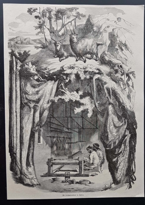 die Kaschmir Weberei in Indien Holzstich um 1860 antik Cashmere weaving in India