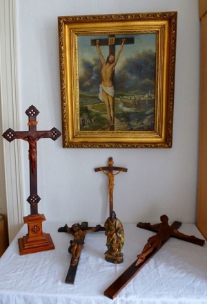 6 x Religiös, uralt Kreuz, Skulptur um 1800, uraltes Gemälde Ölgemälde sig. Bild 1