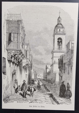 San Pedro in Lima Holzstich um 1860 antik