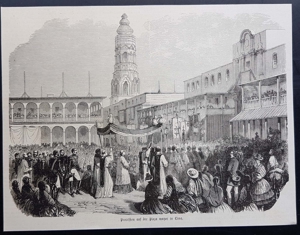 Prozession auf der plaza mayor in Lima Holzstich um 1860 antik Lima in Peru