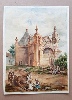 Aquarell 1848 Piranesi-Ruine Kinder spielen Pferdekarren Landhaus Signiert Bild 5