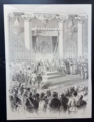 Die Eröffnung des österreichischen Reichstags durch Kaiser Franz Joseph Holzstich um 1860 antik