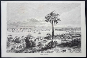 Panorama von Havanna Holzstich um 1860 antik Die Bucht von Havanna in Cuba mit Segelschiffen