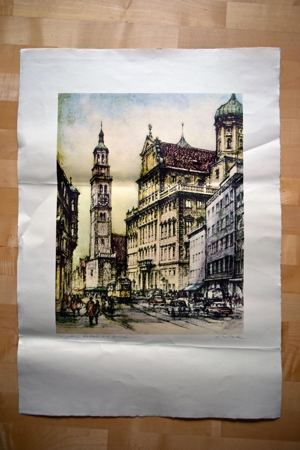 Kunstdruck mit dem Motiv Rathaus und Perlachturm in Augsburg Bild 2