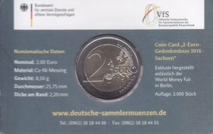 2 Euro Bundesland Sachsen - Original Coincard 2016 - Prägebuchtabe D Bild 2