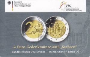 2 Euro Bundesland Sachsen - Original Coincard 2016 - Prägebuchtabe D Bild 1