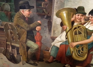Ölgemälde Dirndl mit Tuba Freude beim Musik lernen Bauernstube Kamin Blasinstrument Bild 6