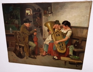 Ölgemälde Dirndl mit Tuba Freude beim Musik lernen Bauernstube Kamin Blasinstrument Bild 8