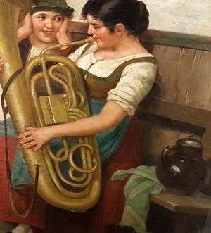 Ölgemälde Dirndl mit Tuba Freude beim Musik lernen Bauernstube Kamin Blasinstrument Bild 4