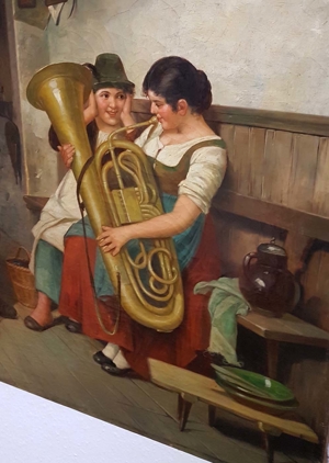 Ölgemälde Dirndl mit Tuba Freude beim Musik lernen Bauernstube Kamin Blasinstrument Bild 3