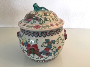 Chinesisches Gefäß mit Deckel, bunt handbemalt, Keramik, Vintage,