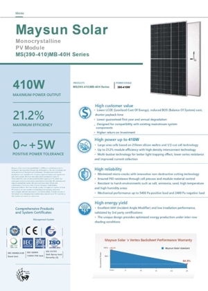 Solarmodule/PV Module/Paneele/Solarmodul 400W 405W 410W/direkt verkauft vom Hersteller Maysun Solar Bild 19