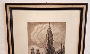 Signiert Original Radierung München Rathaus Marienplatz Peterskirche Bayern Wien Grafik Bild Stadt Bild 9