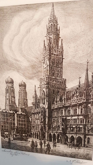 Signiert Original Radierung München Rathaus Marienplatz Peterskirche Bayern Wien Grafik Bild Stadt Bild 5