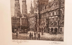 Signiert Original Radierung München Rathaus Marienplatz Peterskirche Bayern Wien Grafik Bild Stadt Bild 3