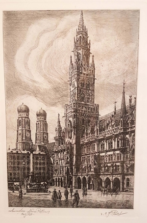 Signiert Original Radierung München Rathaus Marienplatz Peterskirche Bayern Wien Grafik Bild Stadt Bild 2