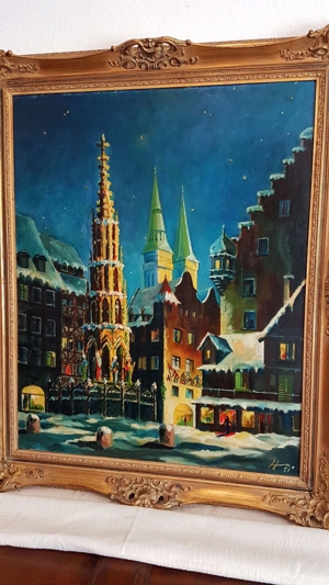 TOP Weihnachten Öl Gemälde Nürnberg Schöner Brunnen Hauptmarkt Franken Schnee Süß Natal Bild 4