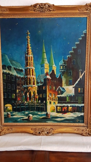 TOP Weihnachten Öl Gemälde Nürnberg Schöner Brunnen Hauptmarkt Franken Schnee Süß Natal Bild 2