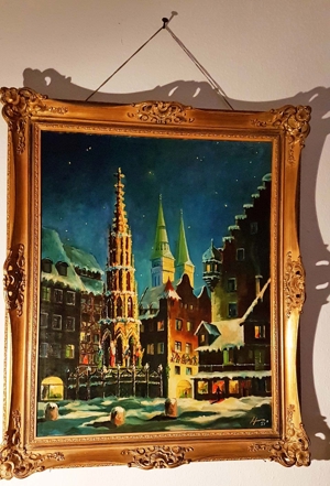 TOP Weihnachten Öl Gemälde Nürnberg Schöner Brunnen Hauptmarkt Franken Schnee Süß Natal Bild 1