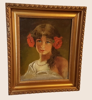 Antik Ölgemälde 1921 Mädchen Dirndl Jugendstil Biedermeier Blumen Frau