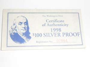 US $ 100 Franklin Quarter--Pound, Silverproof von 1998 mit Zertifikat Bild 3