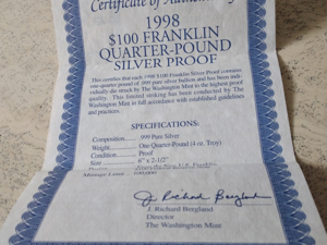 US $ 100 Franklin Quarter--Pound, Silverproof von 1998 mit Zertifikat Bild 2