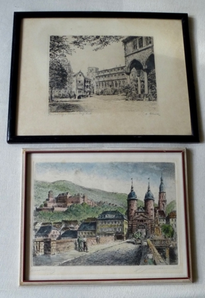 2 tolle alte Radierungen Heidelberg handsig.